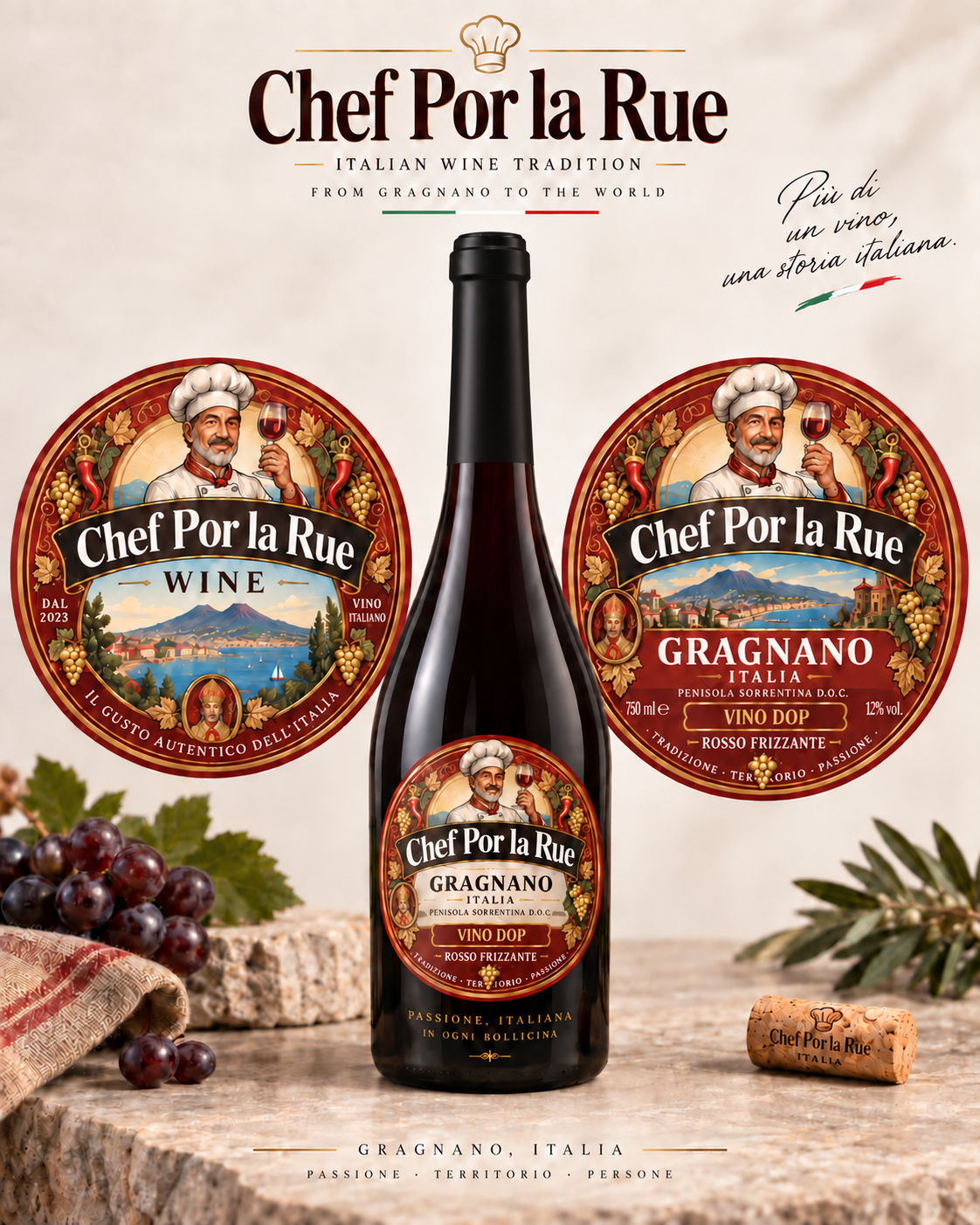 Concept illustrato del vino Chef Por la Rue con tappo nero